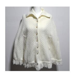 Wintuk Vintage White Knit Poncho Fringe Cape Collared Button Down